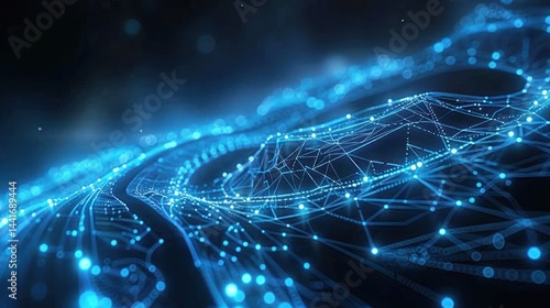 abstract digital landscape with glowing blue network lines and dots forming a flowing grid in a dark space evoking futuristic technology and connectivity