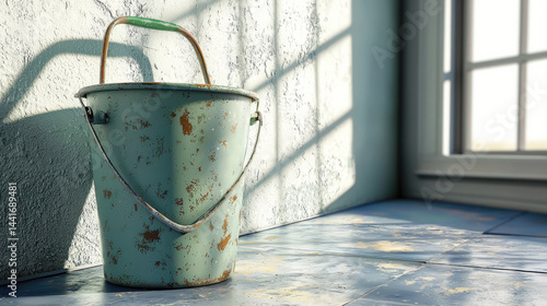 Obraz na płótnie Indoor, a white wall being painted, The decoration style is old timeworn Chinese architecture a dark green paint bucket on the ground. w salonie