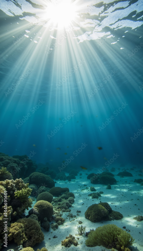 Underwater sun rays illuminating coral reef landscape Underwater sun rays illuminating coral reef landscape