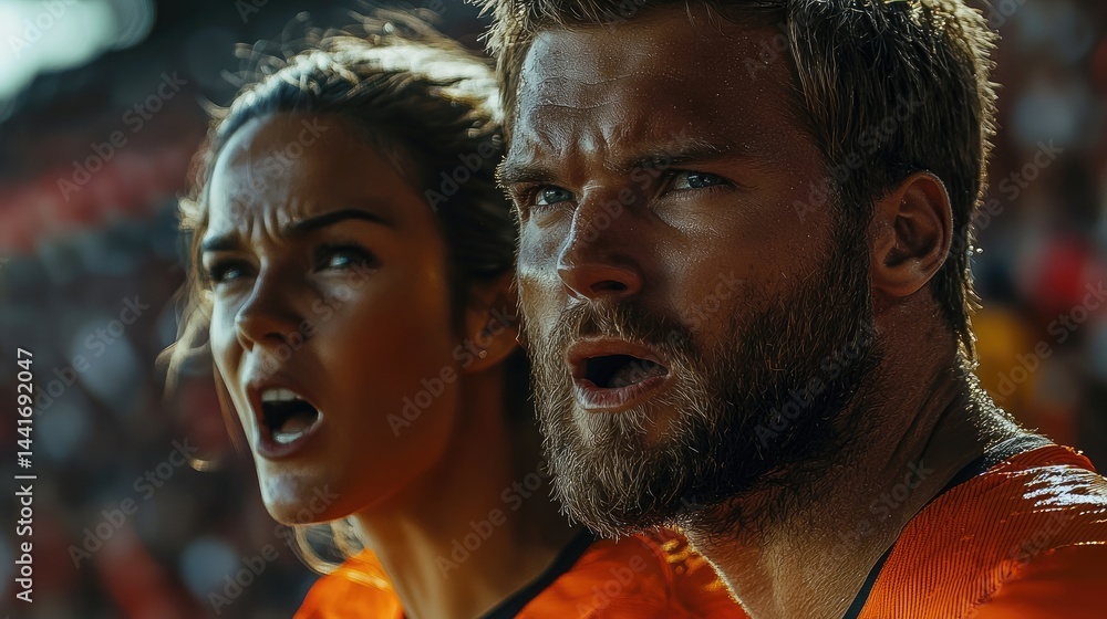 Closeup of soccer supporter couple, man and woman, in bleachers yelling, on soccer stadium.