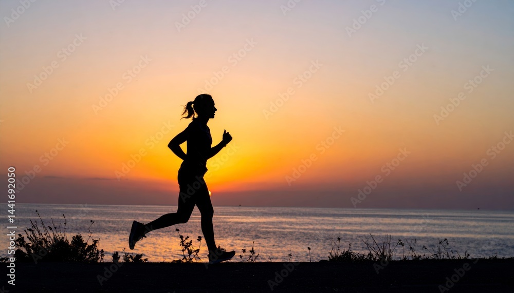 Fototapeta premium dark silhouette of a runner, wide colorful sunrise