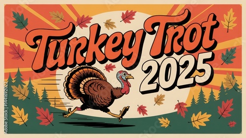 Vintage Turkey Trot 2025 Poster with Colorful Autumn Leaves and Running Turkey Design