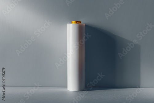 single white cylindrical battery with golden top standing upright casting a long shadow against a plain gray background conveying simplicity and focus