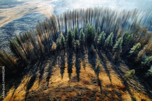 Obraz na płótnie Burning Forest Resembles Cigarette Filter With Visible Earth Damage in Late Afternoon Light w salonie