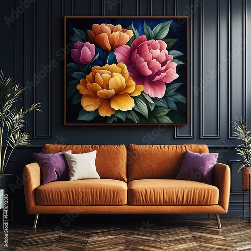 Obraz na płótnie On a living room wall over a sofa, a 40x30-inch wall art canvas featuring an oversized floral explosion of peonies, roses, and tulips in royal blue, golden yellow, and deep coral, Luxurious, vibrant. w salonie