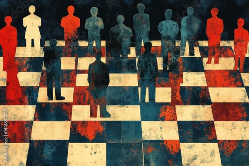 Obraz na płótnie Chess Board Depicting Political Power Struggle With Human Silhouettes Representing Influence and Conflict in a Stylized Game of Strategy w salonie