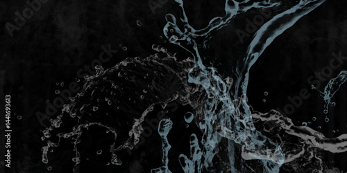 water splash on black background. water splash black background backdrop fresh. Blue water splash isolated on black background.  3D illustration. Blurred images of close-up soda water bubbles . .