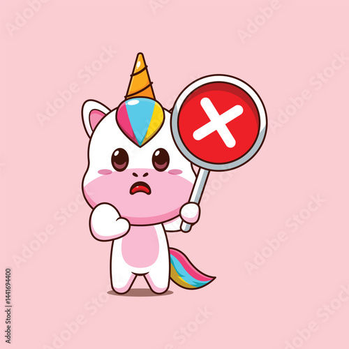 Cute unicorn cartoon vector illustration with wrong sign