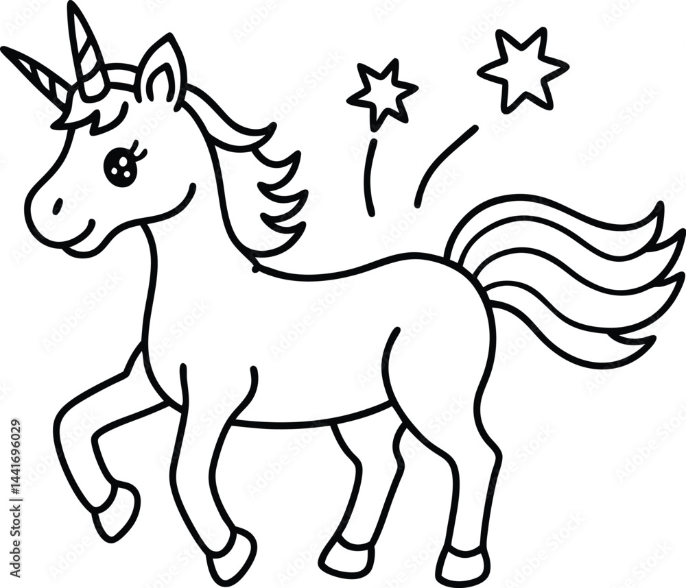 Fototapeta premium A cute cartoon vector illustration shows a white horse silhouette with snowflakes