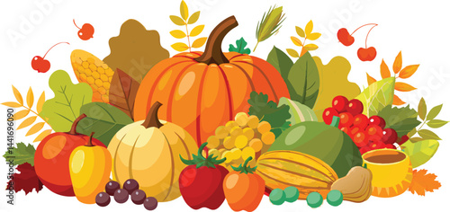 Illustration of various fresh food items including vegetables, fruits, set of different fruits items.