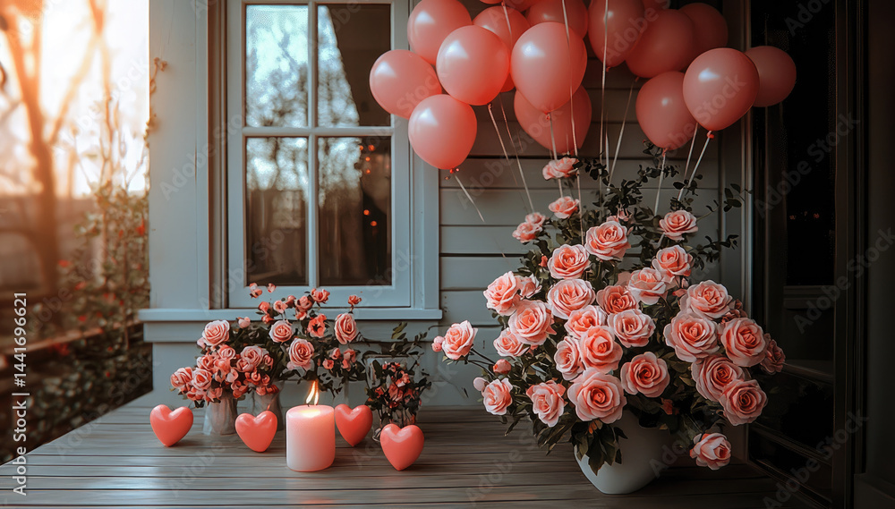 A romantic Valentine's Day backdrop, featuring pink and red roses, hearts, balloons, candles, and a table with coffee on the terrace of an old house decorated for Valentine's Day.