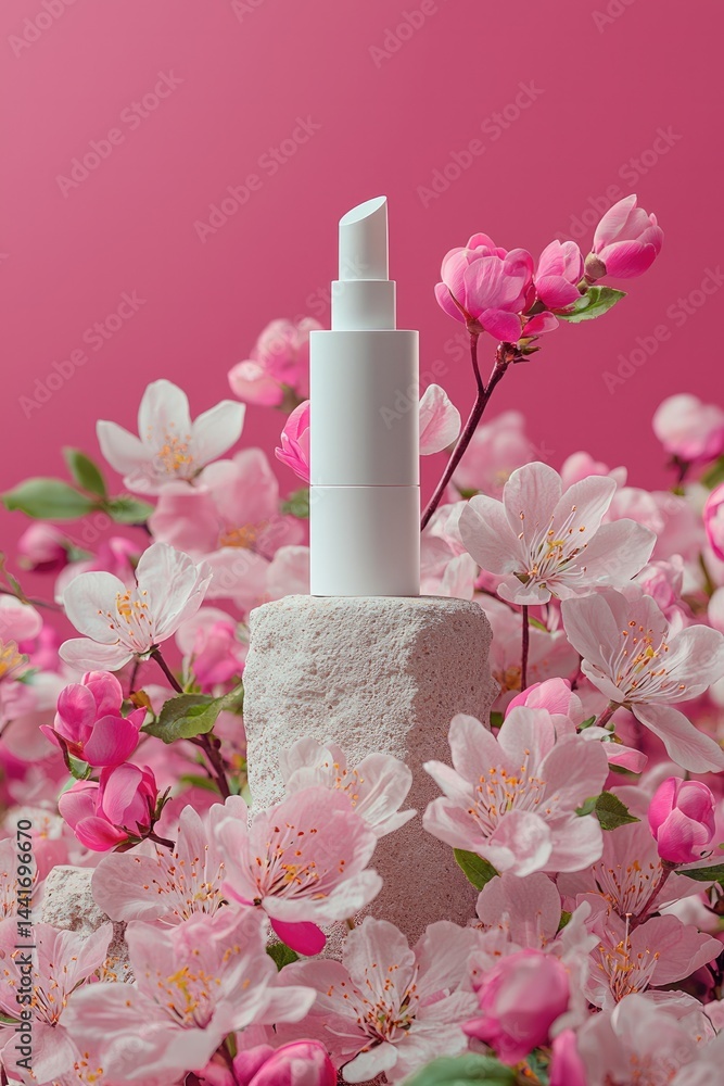 The cosmetics stand is on a stone, flowers surround it, giving off a springtime vibe. Light-pink background.