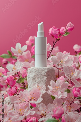 Obraz na płótnie The cosmetics stand is on a stone, flowers surround it, giving off a springtime vibe. Light-pink background. w salonie