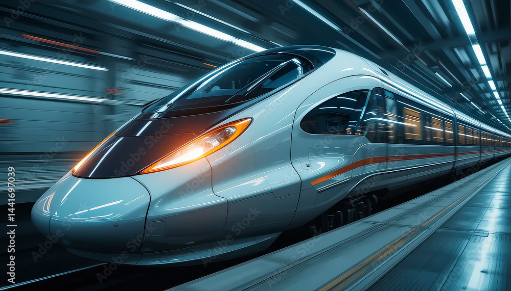 High Speed Train In Tunnel At Night High Speed Train In Tunnel At Night