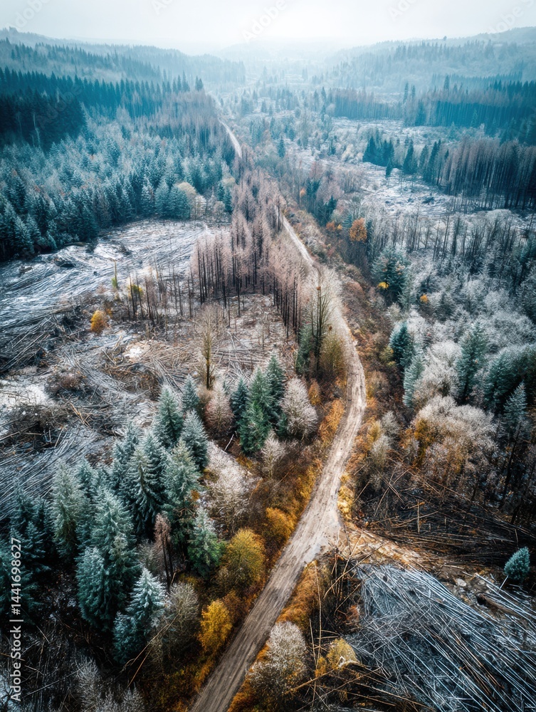 Drone View Reveals Plastic-Covered Forest Clearing Highlighting Environmental Impact and the Stark Contrast of Nature and Human Intervention