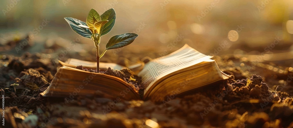 young green plant growing from the soil inside an open book on the ground with warm sunlight in the background symbolizing growth and knowledge