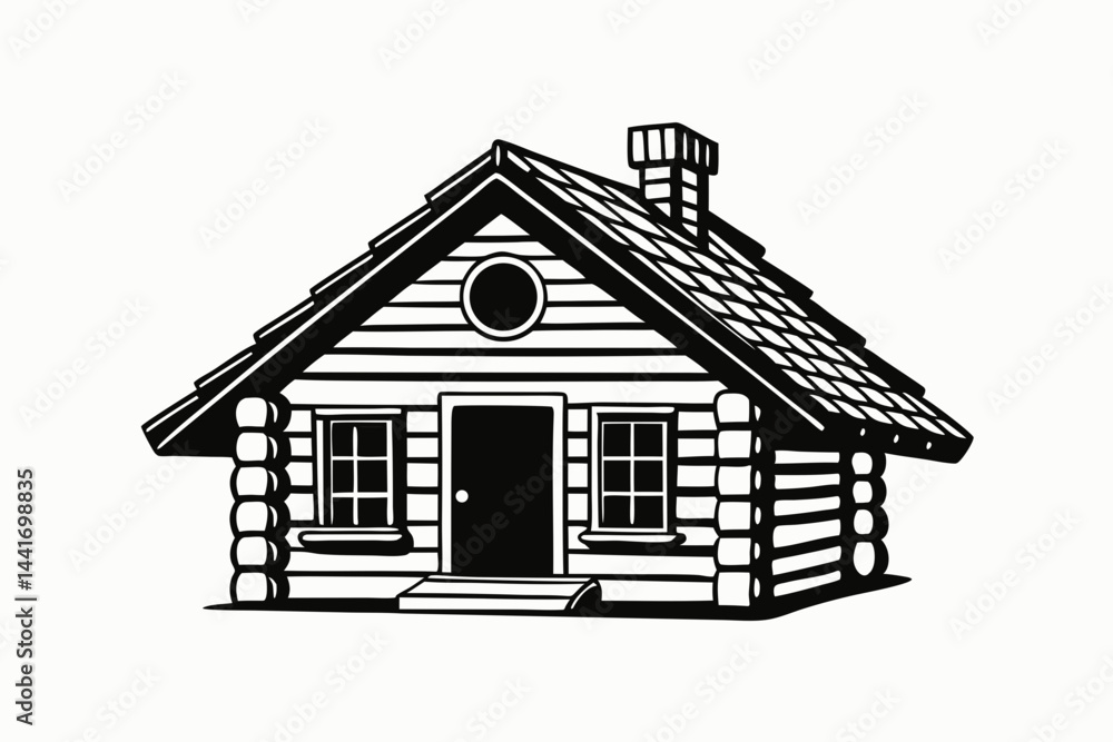 Rustic log cabin with a slanted roof and wooden walls Rustic log cabin with a slanted roof and wooden walls