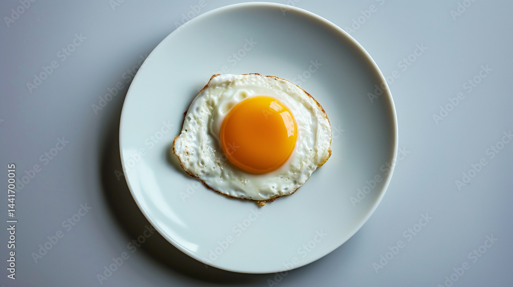 Simple breakfast: a single fried egg on a white plate, overhead view Simple breakfast: a single fried egg on a white plate, overhead view