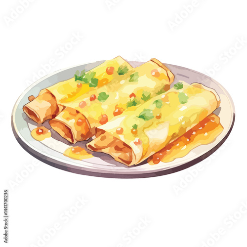 watercolor A plate of enchiladas with melted cheese illustration