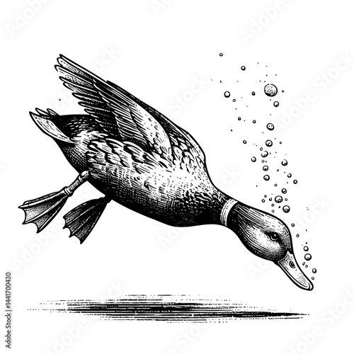 Vintage black and white ink illustration of a duck diving underwater, isolated on white background, rustic countryside farm style, detailed classic sketch.