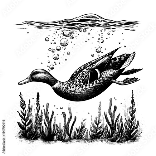 Vintage black and white ink illustration of a duck diving underwater, isolated on white background, rustic countryside farm style, detailed classic sketch.