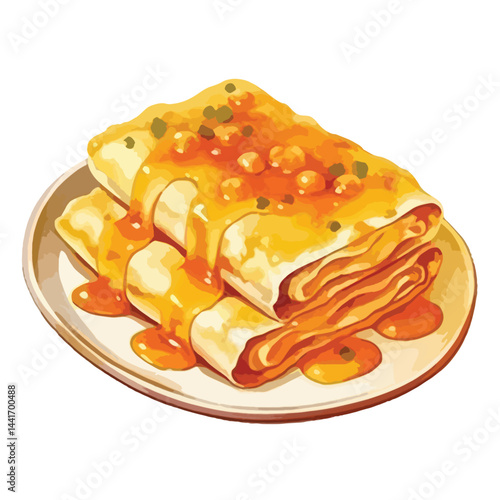 watercolor A plate of enchiladas with melted cheese illustration