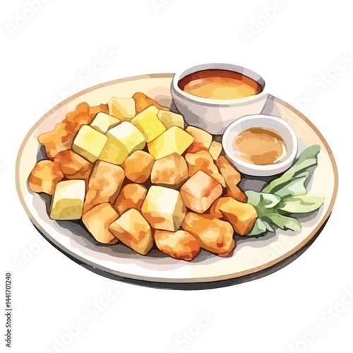 watercolor A plate of stuffing with gravy illustration