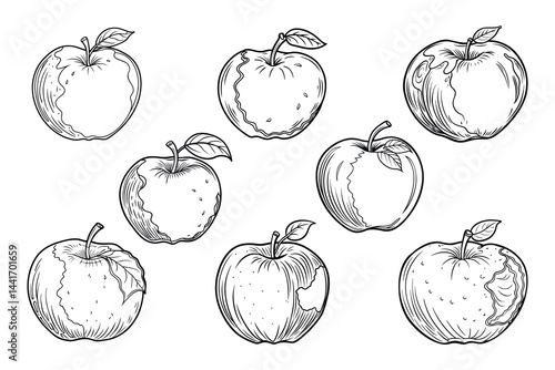 A collection of outlined apples, some whole and some partially eaten
