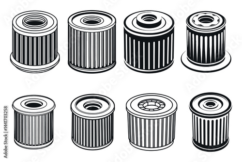 Isometric views of different automotive oil filters for engine maintenance and repair
