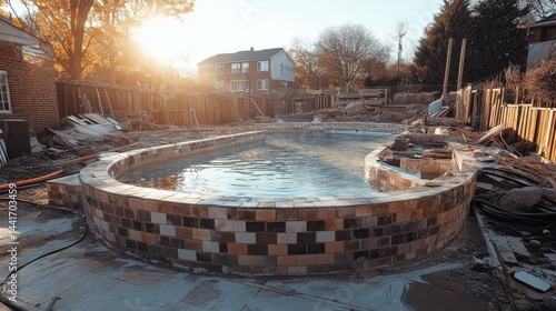 A swimming pool renovation, with tiles being replaced and water features installed