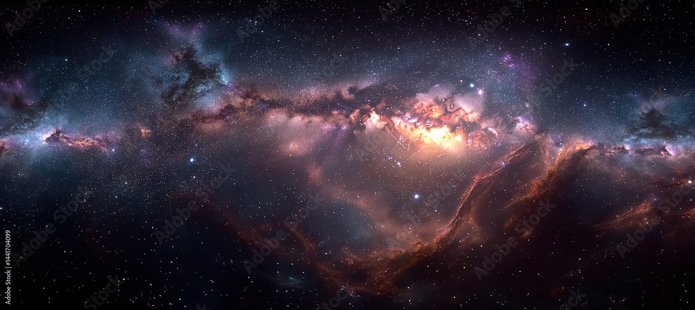 Fototapeta premium A vibrant, panoramic view of a galaxy filled with colorful nebulae, bright stars, and cosmic dust in deep space.