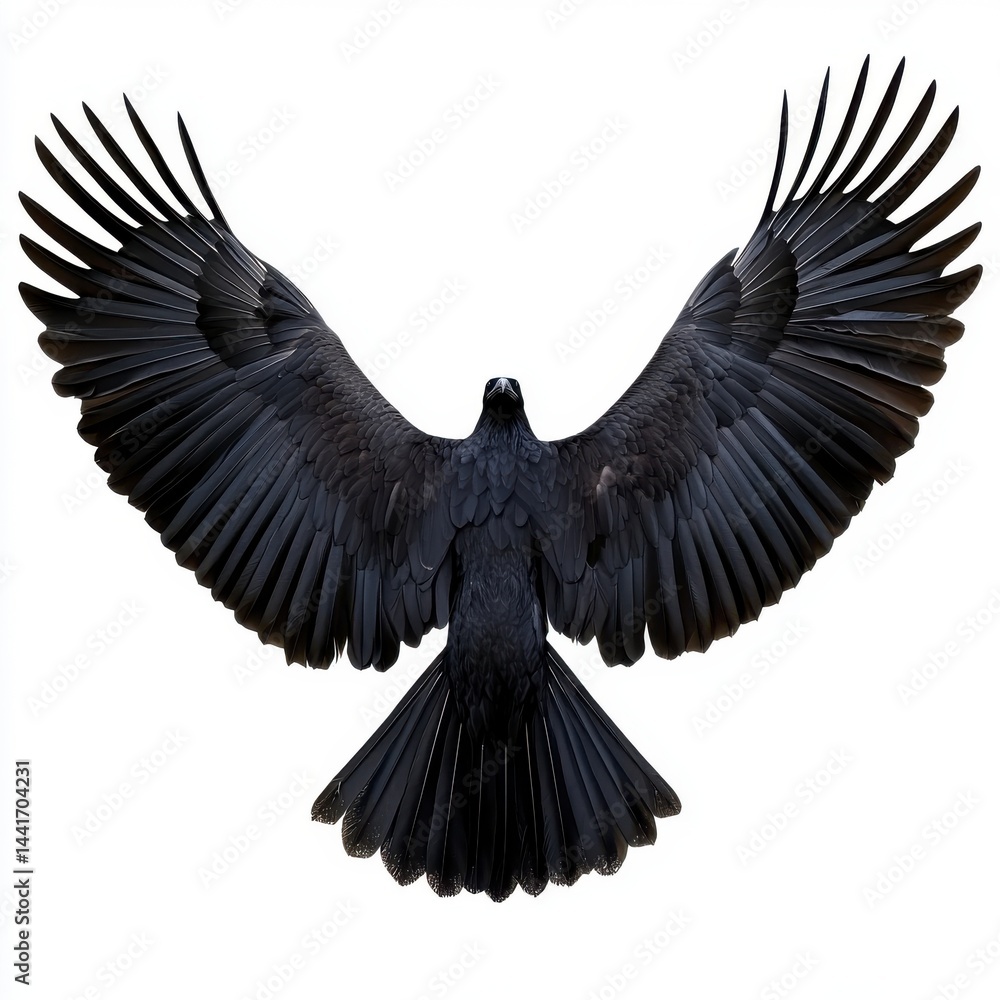 Naklejka premium Black Crow in Flight Detailed Closeup Against White Background