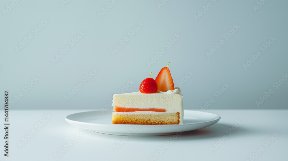 Cake spotlight: one luscious slice on a crisp white plate, space for copy, pale blue background