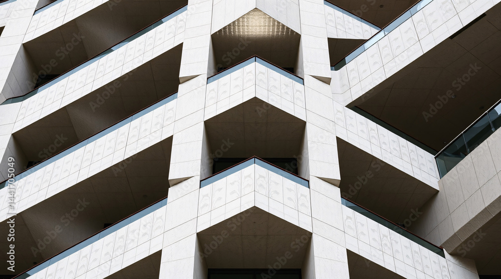 Modern geometric architecture of a white building with repetitive angular balconies and clean minimalistic design. Modern geometric architecture of a white building with repetitive angular balconies and clean minimalistic design.