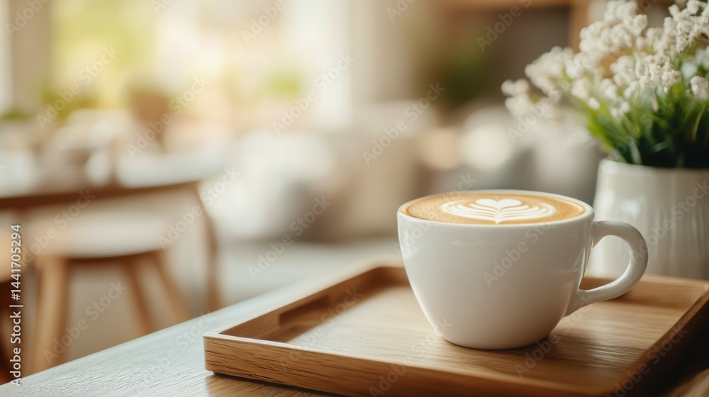 Obraz premium Cute latte art featuring a dog on top of a creamy coffee served in a white cup on a wooden tray in a cozy cafe setting during the afternoon