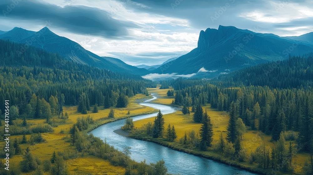 A valley with forests and river. mountains in the background.