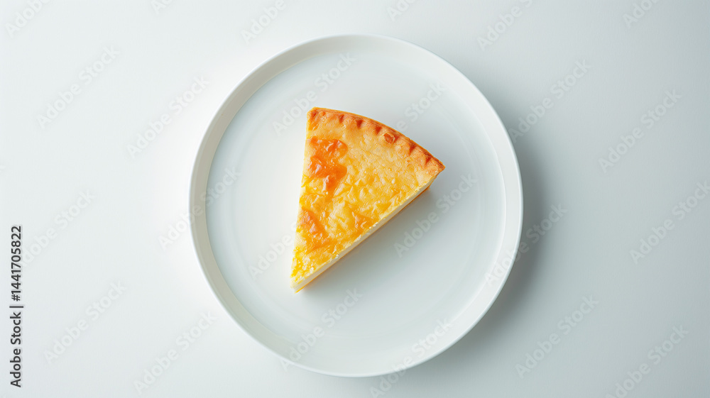 Top-down pie slice on white dish, showcasing filling and crust in minimal style