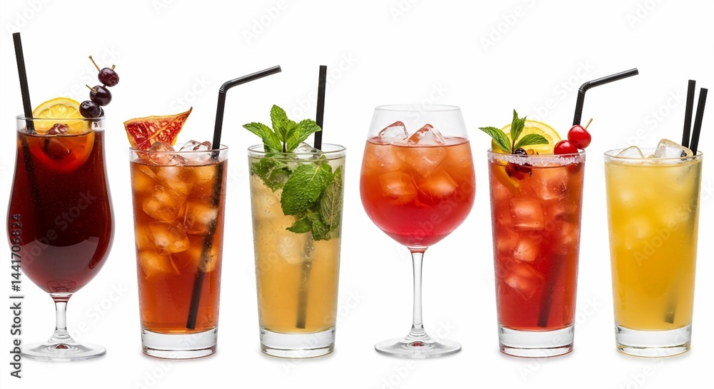 A collection of six colorful alcoholic drinks, ranging from red to amber to yellow, are displayed in different glasses with ice and various decorative garnishes on a white background A collection of six colorful alcoholic drinks, ranging from red to amber to yellow, are displayed in different glasses with ice and various decorative garnishes on a white background