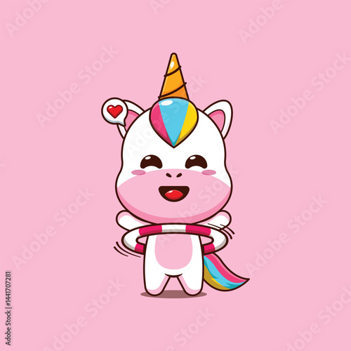 Cute unicorn cartoon vector illustration playing hula hoop