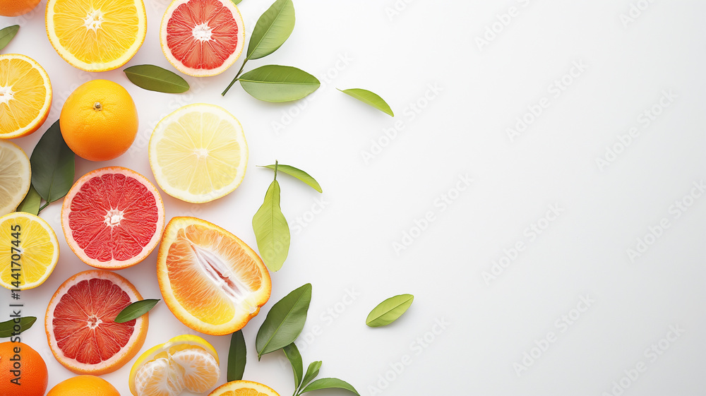 Citrus medley on white field: oranges, lemons, limes in a neat line