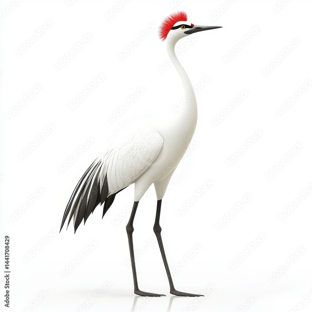 Fototapeta premium Elegant White Crane with Red Crest, Detailed Illustration