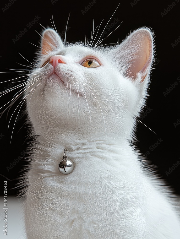 White baby cat with her face forward with small silver bell, sitting on the white floor, white background, cute.