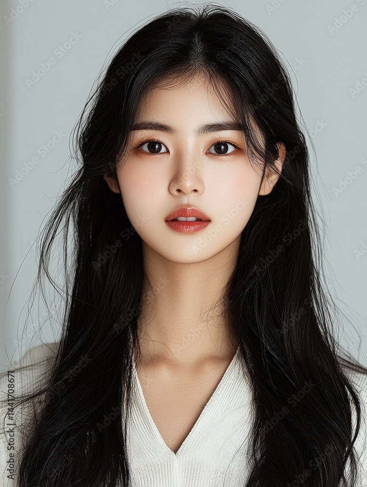 an Korea female model, long black hair, skin care advertisement.
