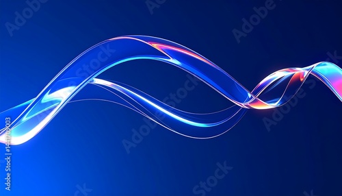 3d abstract liquid glass transparent ribbon wave line on dark blue background. Render gradient water tape, fluid flow curve shape with flare and light refraction on neon black bg.crystal, curve, effec