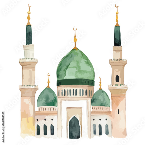 watercolor illustration of Al-Masjid an-Nabawi Mosque