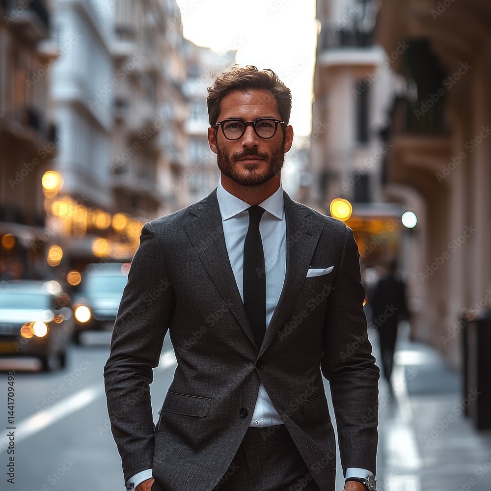 A good looking man in a very nice suit walking down the street.