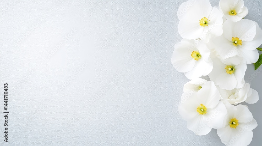 Fototapeta premium Delicate white flowers arranged on a light gray background. Soft and elegant floral display