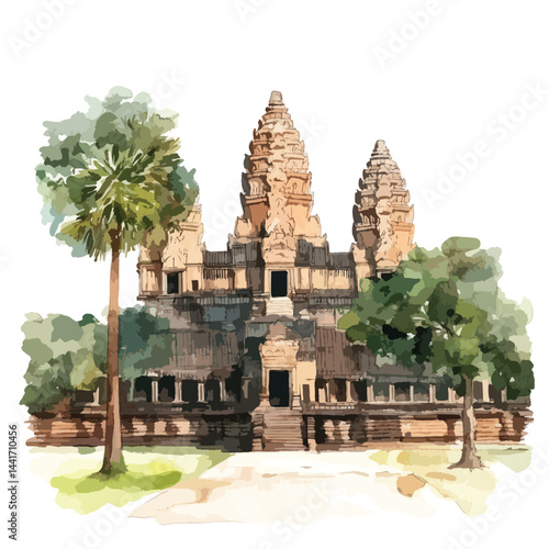 watercolor illustration of Angkor Wat Thailand clipart isolated