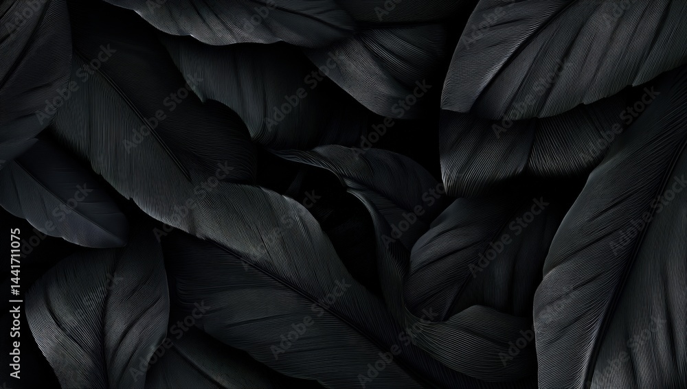Obraz premium A under 200 characters: Dark, overlapping feathers create a textured, elegant, and mysterious pattern, highlighting fine details and natural symmetry in a monochrome palette.