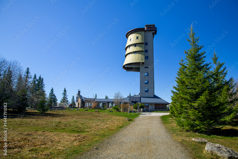Polednik View Tower, Sumava (1315m). 37m ex-military tower near Prasily. 227 steps up for views: Bohemian/Bavarian Forest, and Alps in good visibility - Czech Republic, Europe